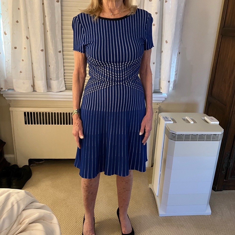 St John knit dress. Blue with white and black stripes. Size 4. Short sleeves